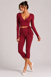 Women's Side Wrap Tie Long Sleeve Top And Capri Yoga Set