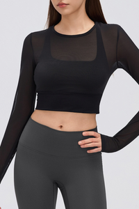 Women's Mock Two-Piece Mesh Padded Cropped Yoga Top