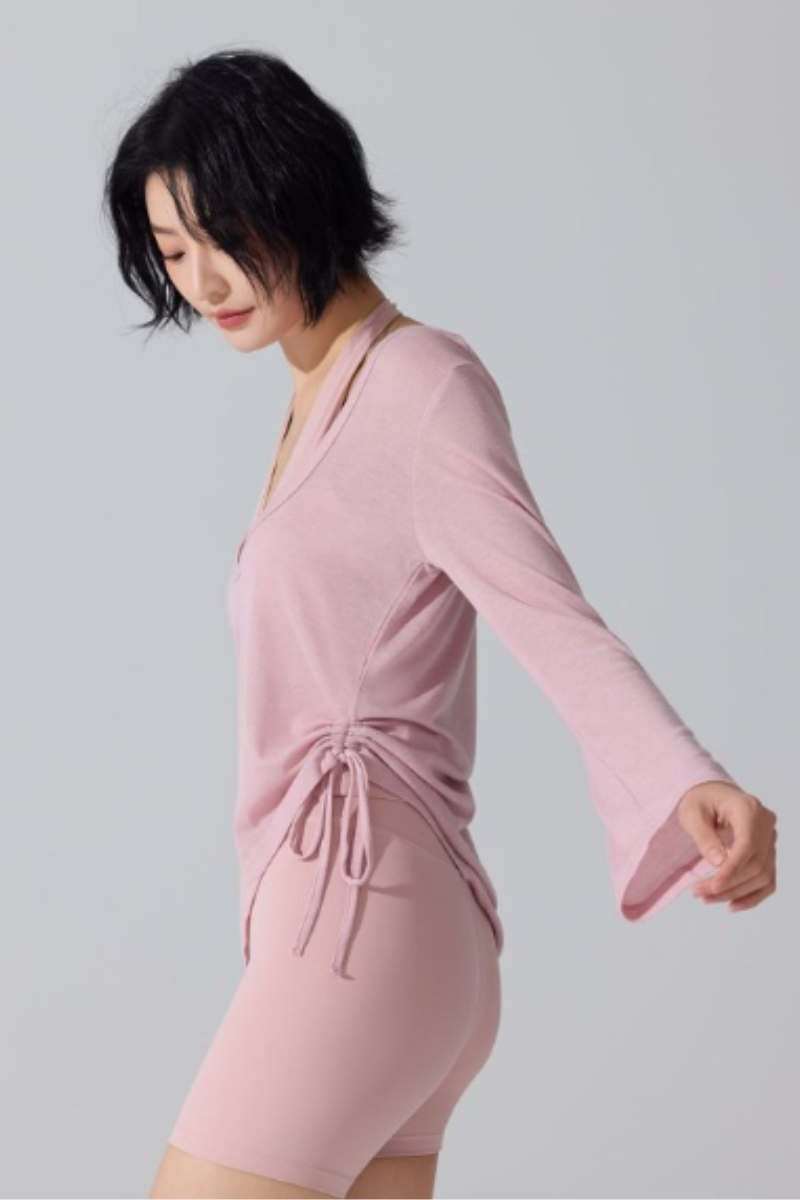 Women's Wide U-Neck Side Drawstring Sheer Long Sleeve Yoga Cover-Up