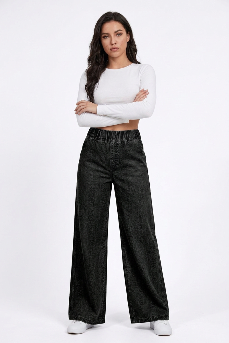 Women's  Elastic-Waist Relaxed Baggy Wide Leg Jeans