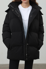 Women's hooded mid-length cotton jacket with waist tie.
