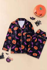 Women's Fall Halloween Pumpkin Bat Print Horror Pajama Set