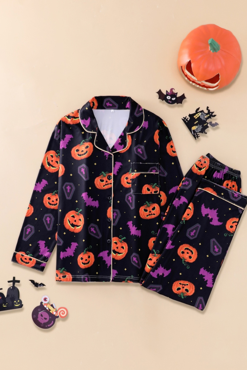 Women's Fall Halloween Pumpkin Bat Print Horror Pajama Set