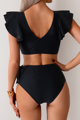 Women's Color-blocked V-neck Ruffled Two Piece Tankini Set