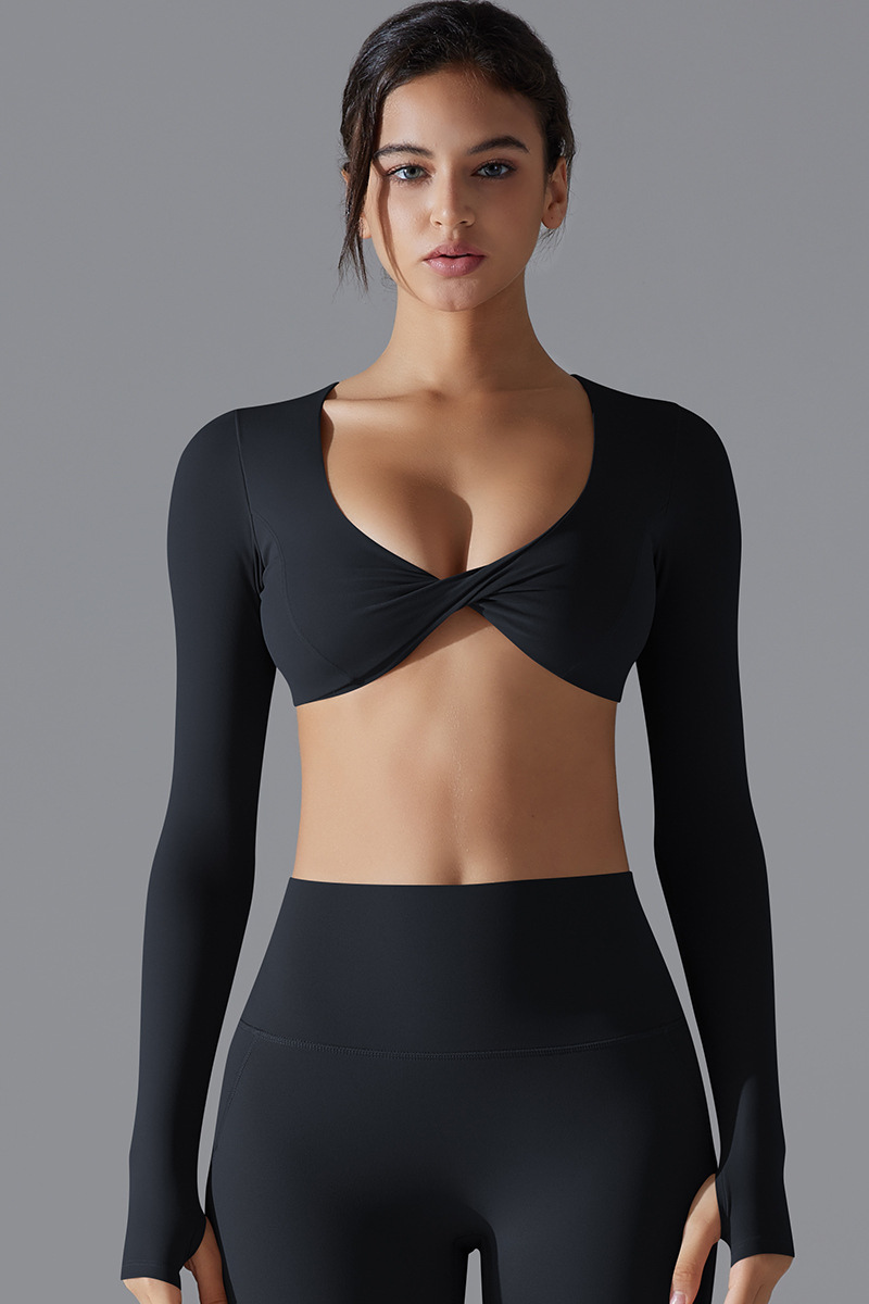 Women' Athletic Twist-Front V-Neck Long Sleeves T-shirt