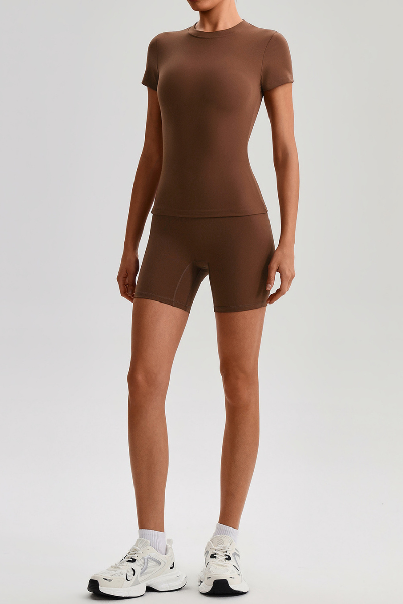 Women's Solid Slim Fit T-shirt & No Front Seam Shorts Yoga Set