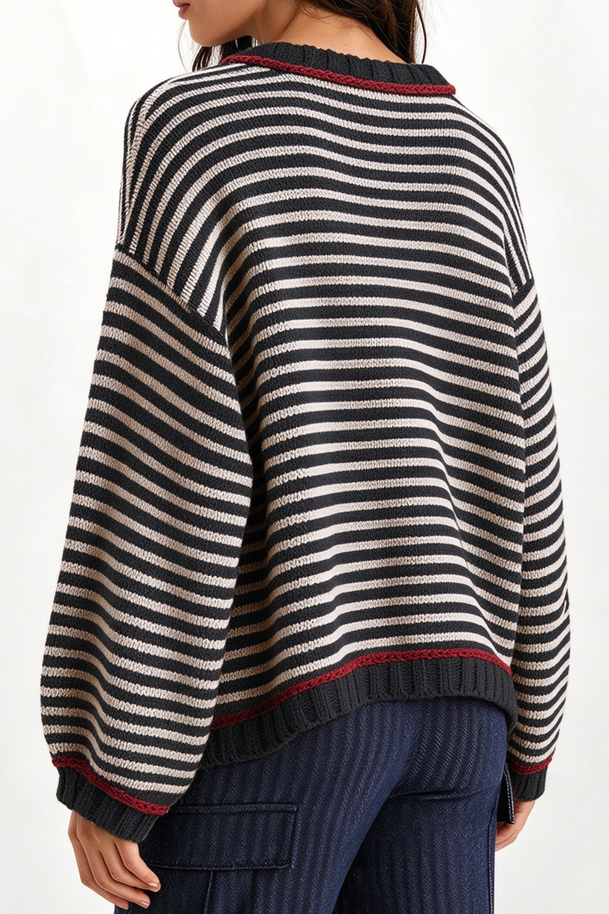 Women’s Winter Boho Striped Contrast Trim Knit Sweater