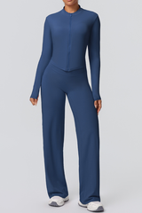 Women's Set:Collared Zippered Jacket And Wide Leg Pants