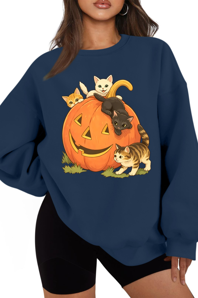 Women's Fall Halloween Cat Pumpkin Graphic Casual Sweatshirt