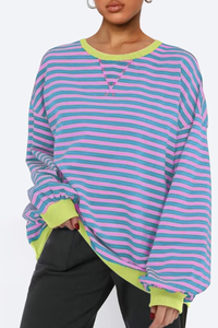 Women Fall Contrast Striped Lantern Sleeve Loose Sweatshirt