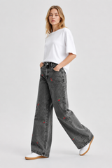 Women's High Waist Cherry Embroidered Wide Leg Jeans