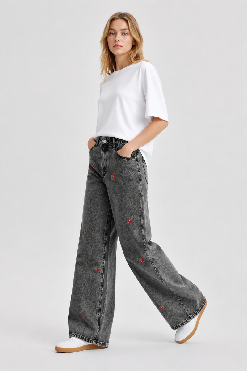 Women's High Waist Cherry Embroidered Wide Leg Jeans