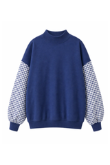 Women's Fall Gingham Spliced Oversize Mock Neck Sweatshirt