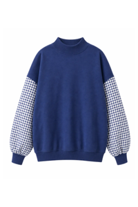 Women's Fall Gingham Spliced Oversize Mock Neck Sweatshirt