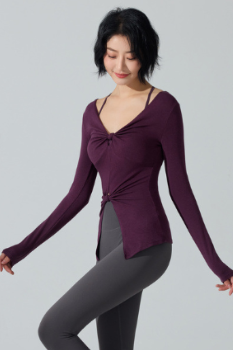 Women's Ribbed Double Twist Split V Neck Pilates Slim Fit Top