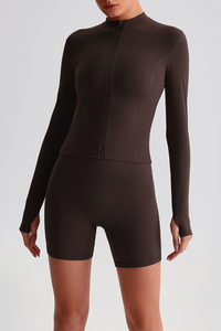 Women's Bare Feel Finger Cuffs Slim Yoga Jacket & Shorts Set