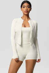 Women Tight Yoga Set:Brushed Sports Bra+ Zip Jacket + Shorts