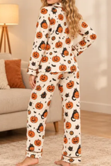 Women's Fall Halloween Pumpkin Black Cat Print Pajama Set