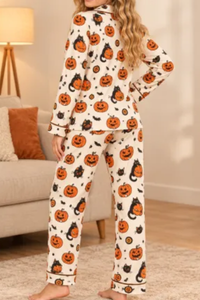 Women's Fall Halloween Pumpkin Black Cat Print Pajama Set