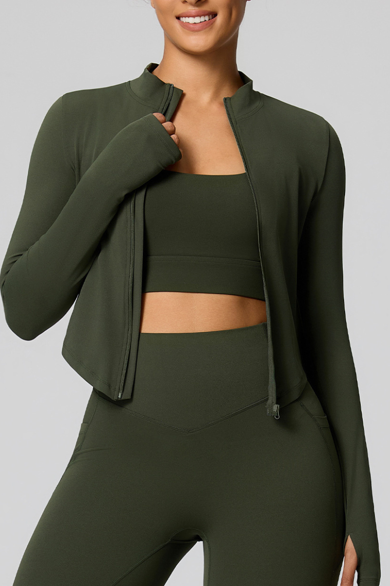 Women's Zip-Up Mock Neck V-Waist and Thumbhole Cuffs Jacket