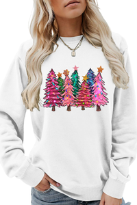 Women's Christmas Colorful Tree Print Crew Neck Sweatshirt
