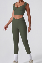 Women's Cropped Tank Top And Twist Cross Waist Leggings Set
