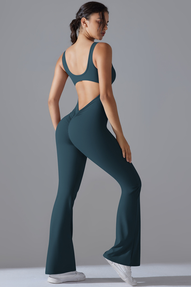 Women's U-neck Pleated Buttocks Lift Flared Pants Jumpsuit