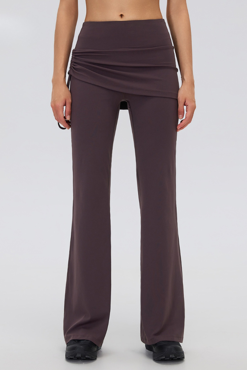 Women's Fake 2-Piece Skort Overlay Ruched Flare Yoga Pants