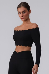 Women's Scalloped Off-Shoulder Cropped Long-Sleeve Sport Top