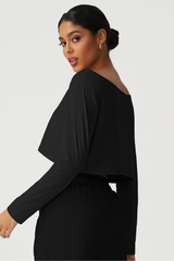 Women's Off Shoulder Cropped Workout Long Sleeve Top
