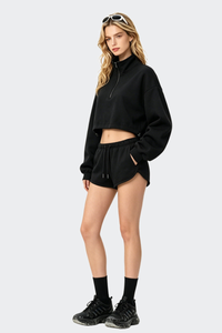 Women's Fall Half Zip Stand Collar Sweatshirts And Drawstring Shorts