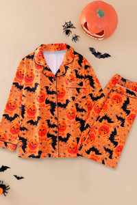 Women's Halloween Pumpkin Bat Spider Web Print Pajama Set