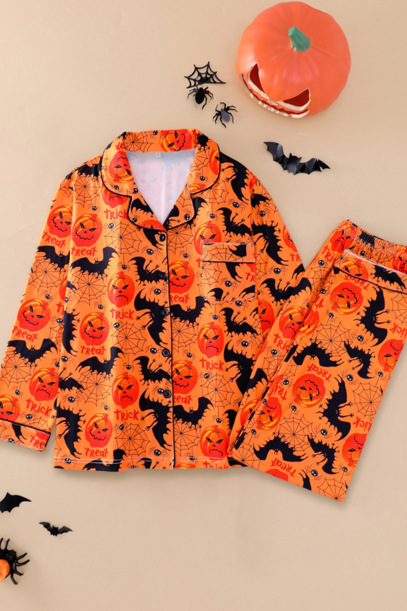 Women's Halloween Pumpkin Bat Spider Web Print Pajama Set