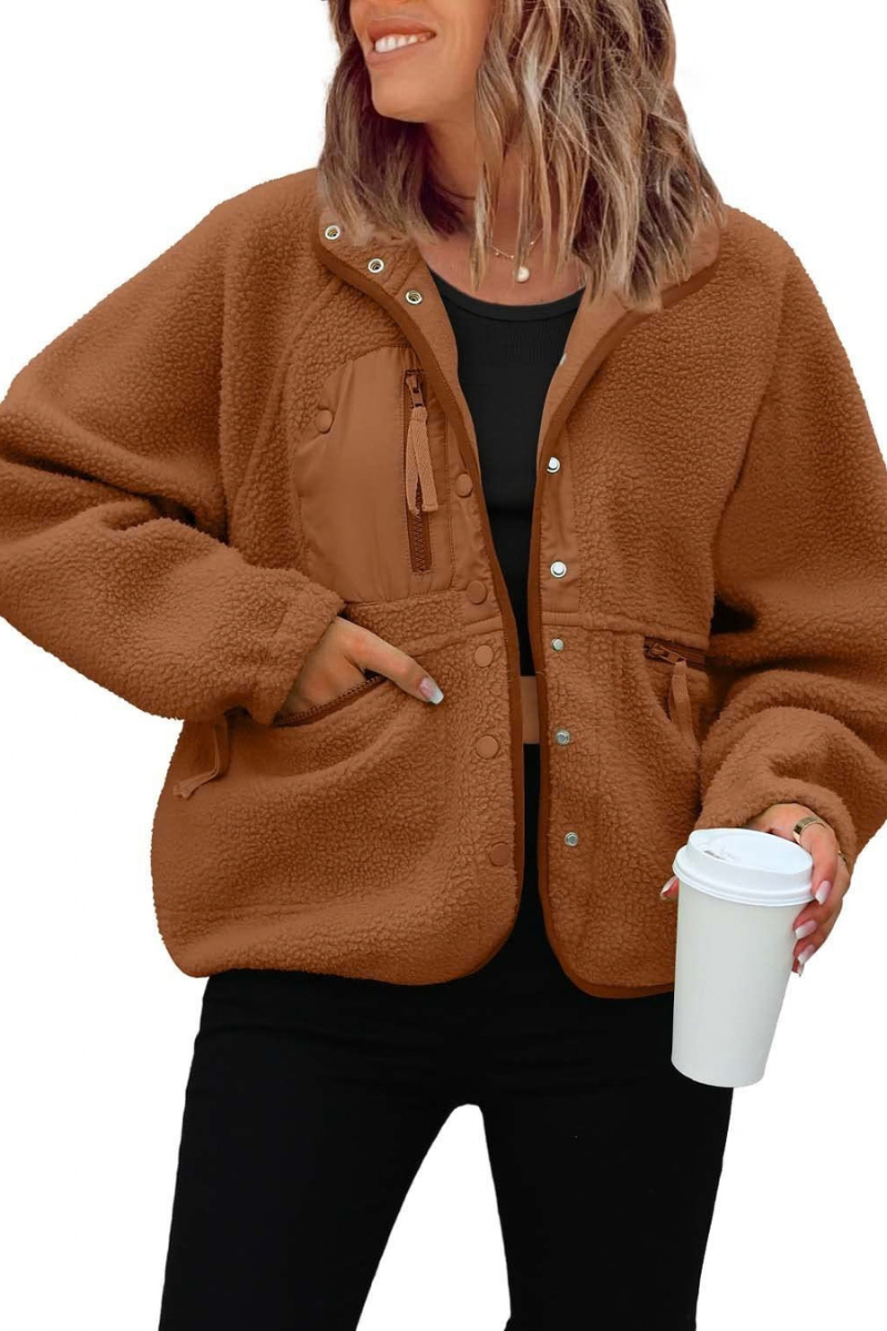 Women's Fall/Winter Patch Pockets Fleece Snap Button Jacket