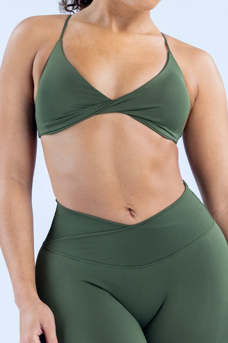 Women's Athletic Seamless  Twist-Front V-neck Thin Strap Cross Back Bra