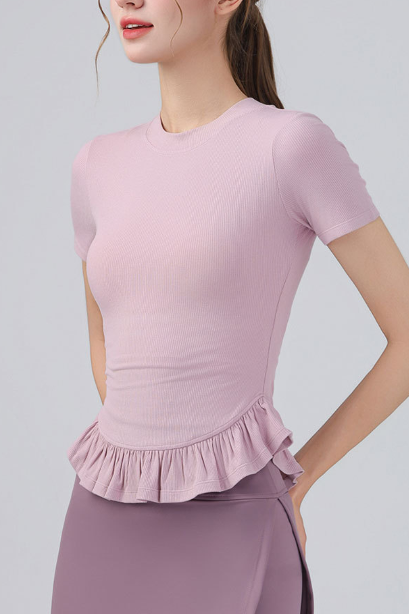Women's Crew Neck Ruffle Hem Sports Short Sleeve Top