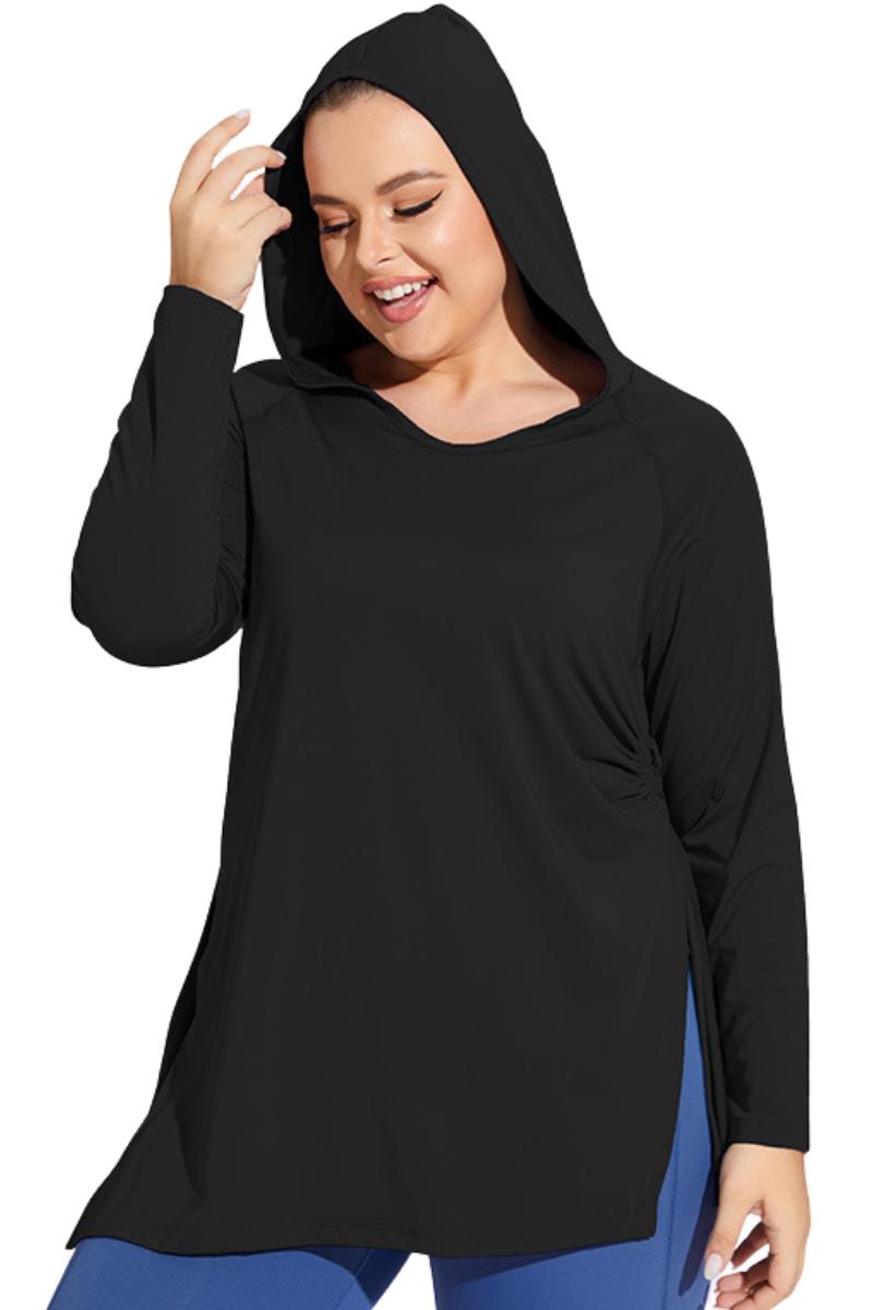 Plus Size Women's Side Pleated Long Sleeve Hooded Cover Up