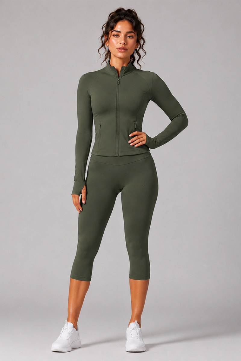 Women's Stand Collar Jacket & Capri Leggings Workout Sets