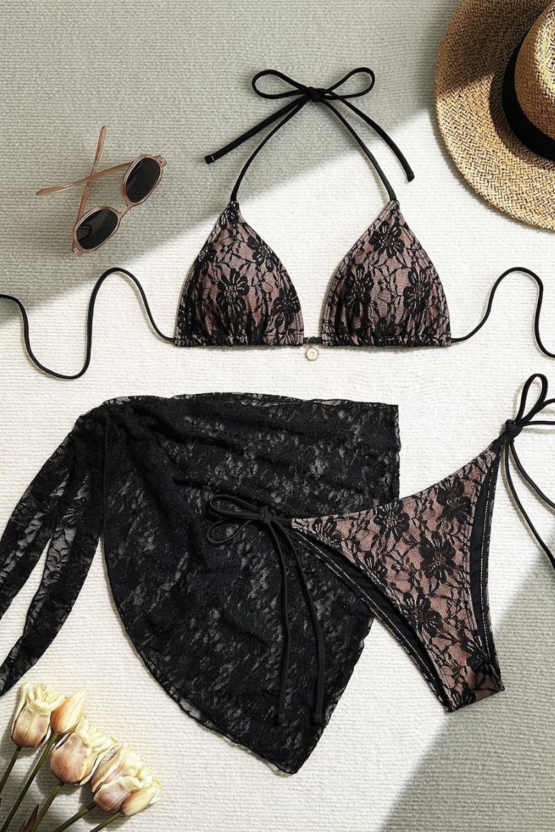 Women's Summer Lace Strap Half Skirt Bikini 3 Piece Set