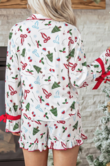 Women Christmas Long Sleeved Lapel Bow  Pajama Set