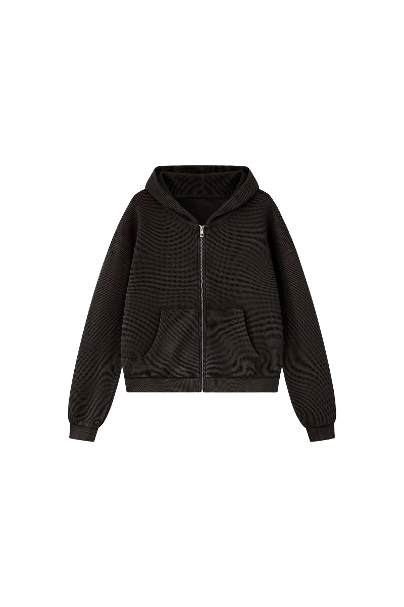 Women's Fall Vintage Washed Waffle Full Zip Up Hooded Jacket