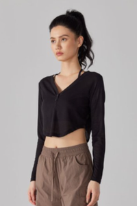Women's V-Neck Sheer Cropped Long Sleeve Yoga Cover-Up