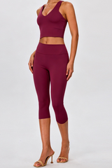 Women's V Neck Y Back Crop Tank & Capri Leggings Yoga Sets