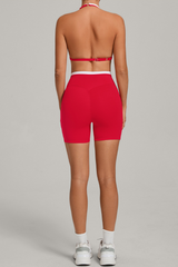 Women's Color Block Set:Halter Bra & V Waist Pocket Shorts