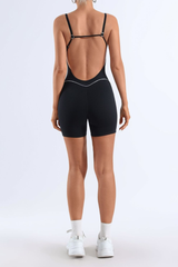 Women's Striped Color-Block Padded Backless Short Yoga Jumpsuit