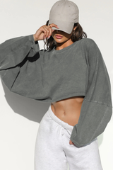 Women's Fall Cropped Drop Shoulder Relaxed Long Sleeve Top