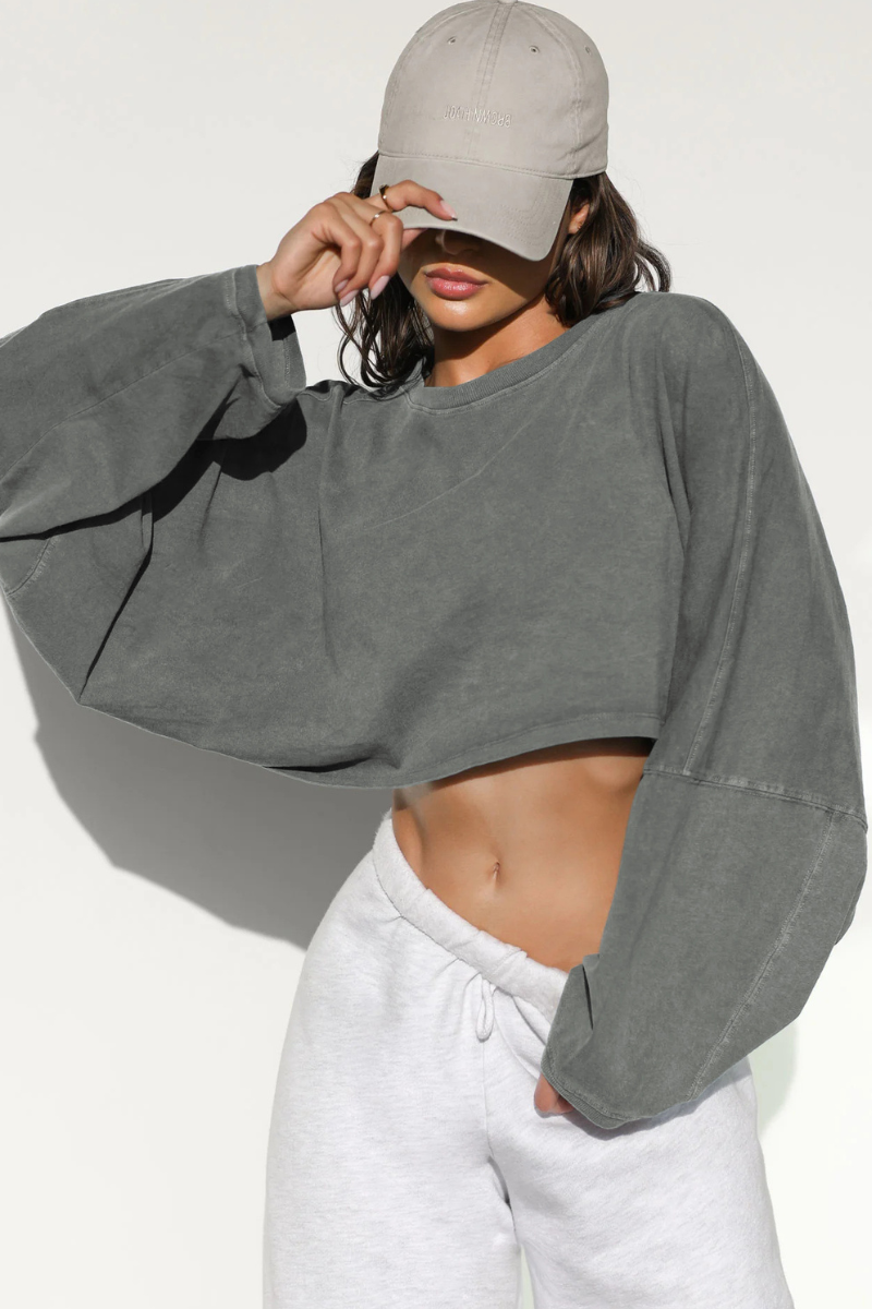 Women's Fall Cropped Drop Shoulder Relaxed Long Sleeve Top
