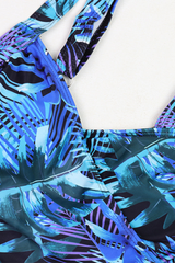 Women's One Piece Suit - Wide Strap U-Neck Leaf Print Plus