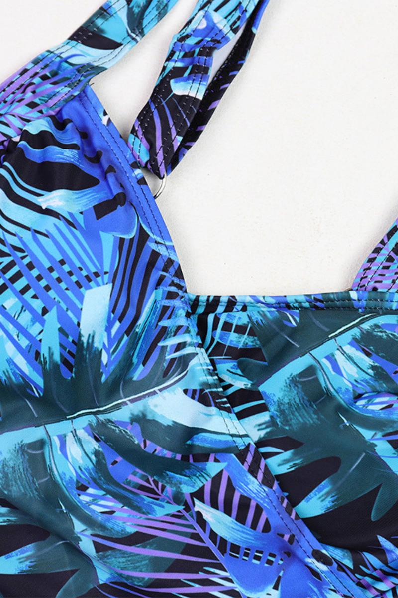 Women's One Piece Suit - Wide Strap U-Neck Leaf Print Plus