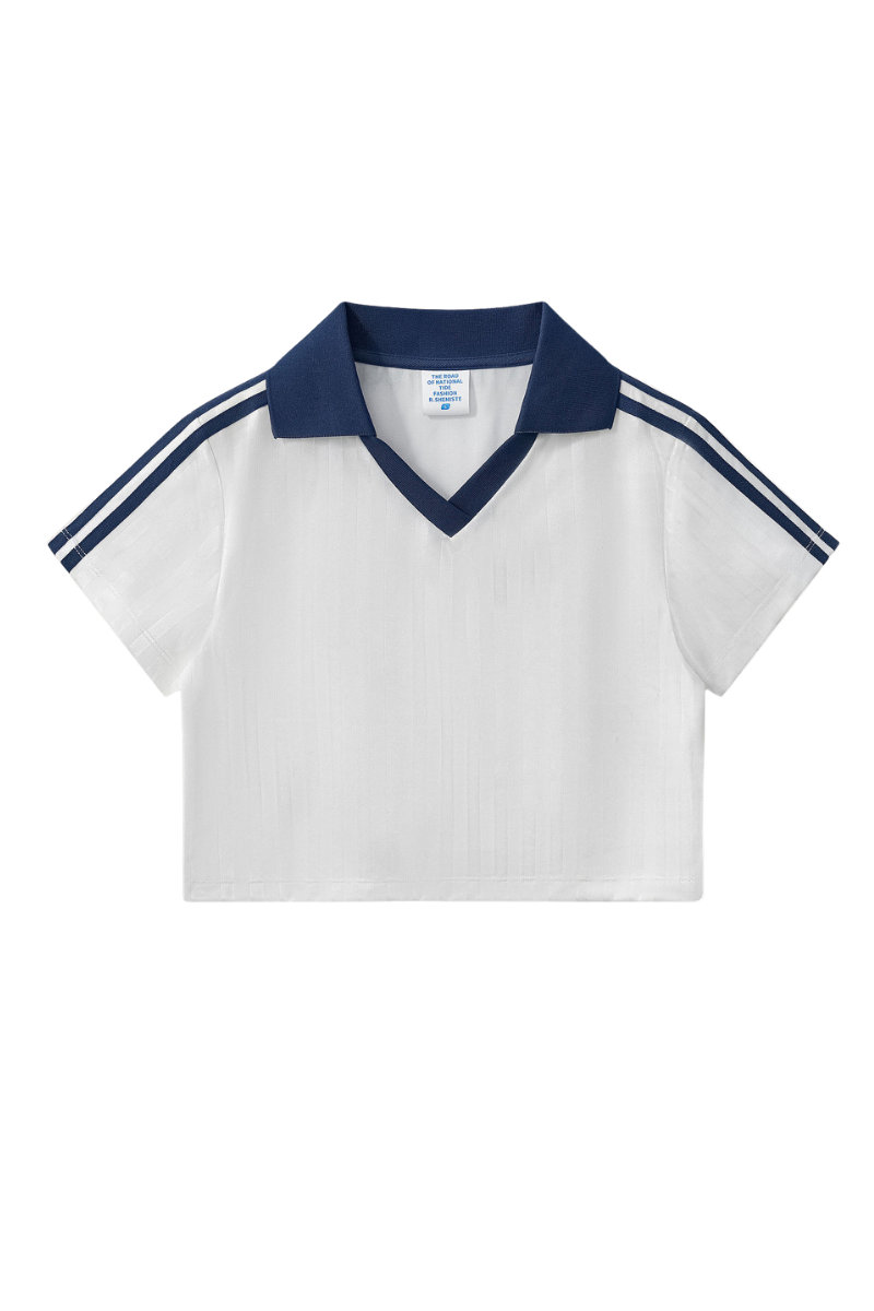 Women’s Cropped Color Block Striped Polo V-Neck  T-Shirt
